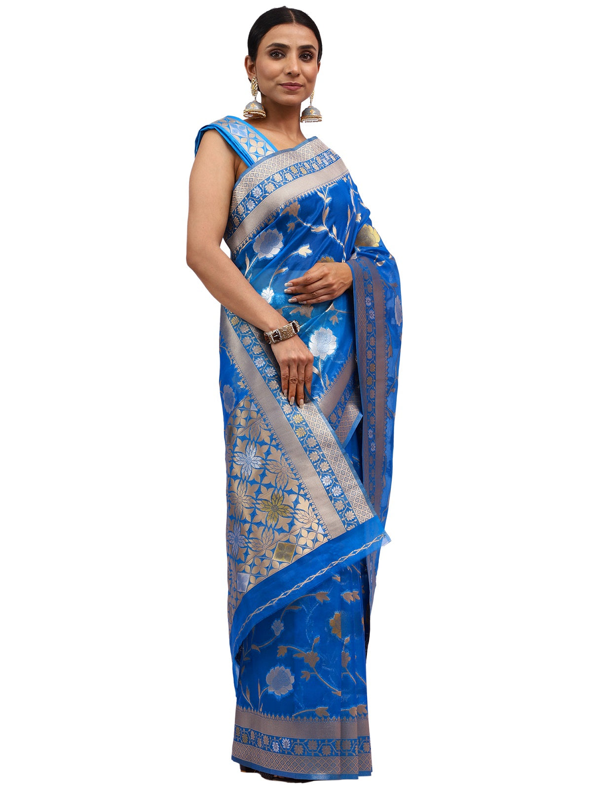 Organza Silk Banarasi Turquoise Saree with Golden Silver Jungla Work