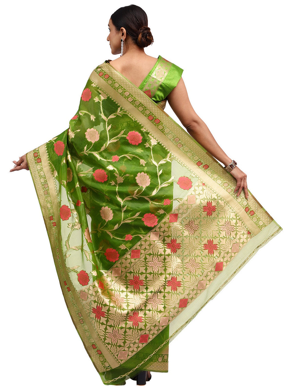 Organza Silk Banarasi Green Saree with Meenakari Jungla Work