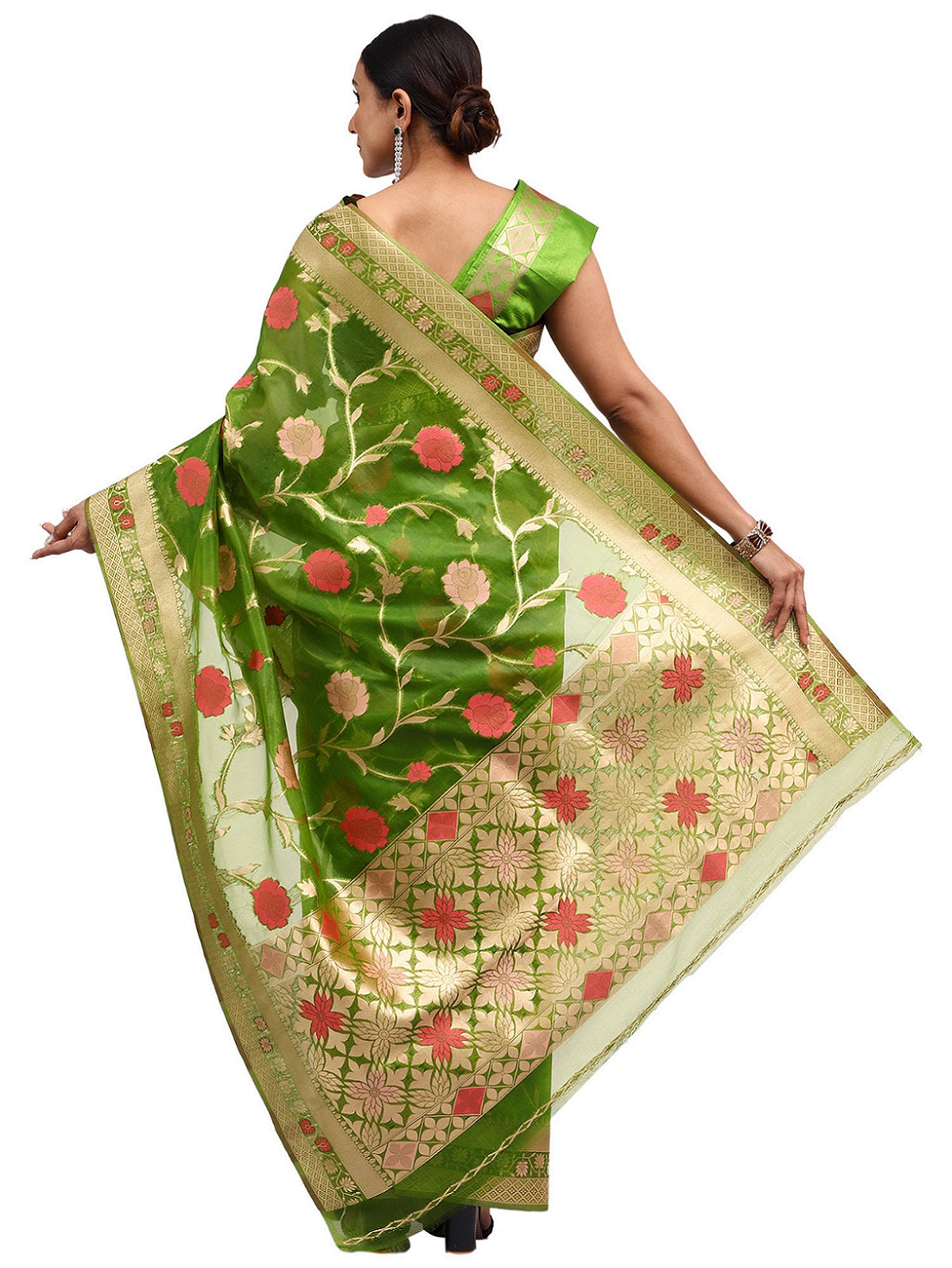 Organza Silk Banarasi Green Saree with Meenakari Jungla Work