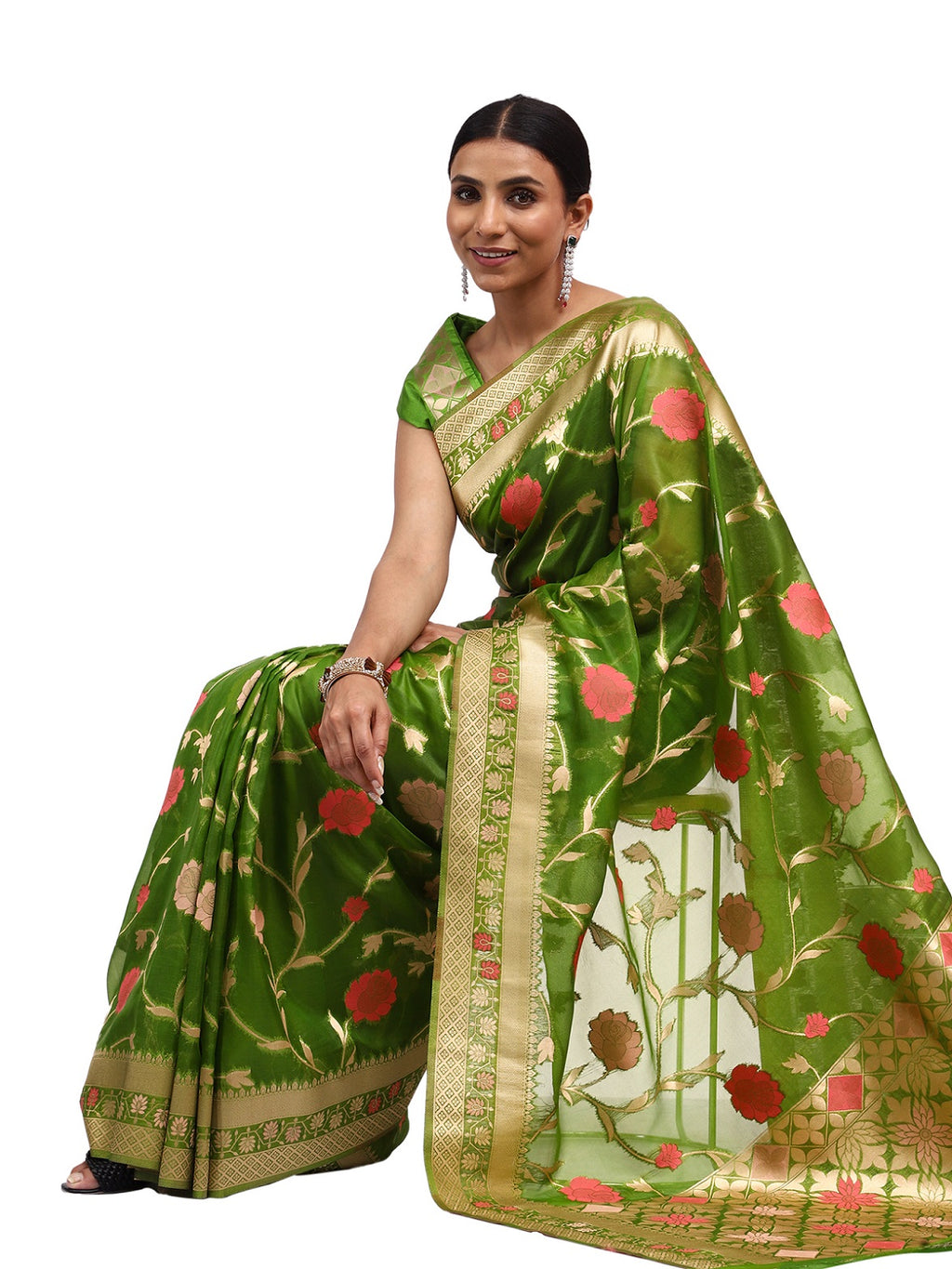 Organza Silk Banarasi Green Saree with Meenakari Jungla Work
