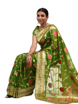Organza Silk Banarasi Green Saree with Meenakari Jungla Work