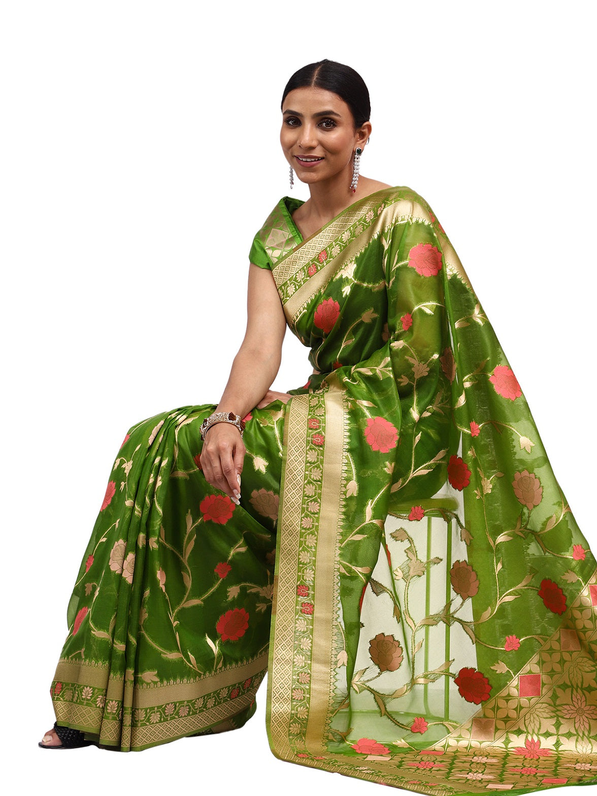 Organza Silk Banarasi Green Saree with Meenakari Jungla Work