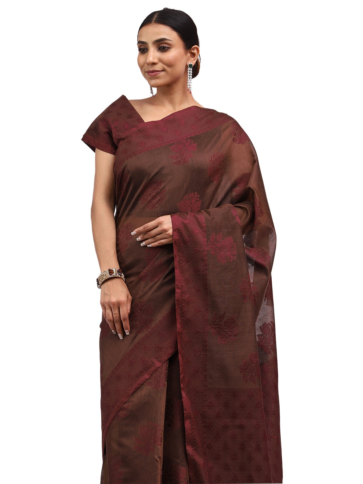 Cotton Silk Banarasi Brown Saree with Jute Work