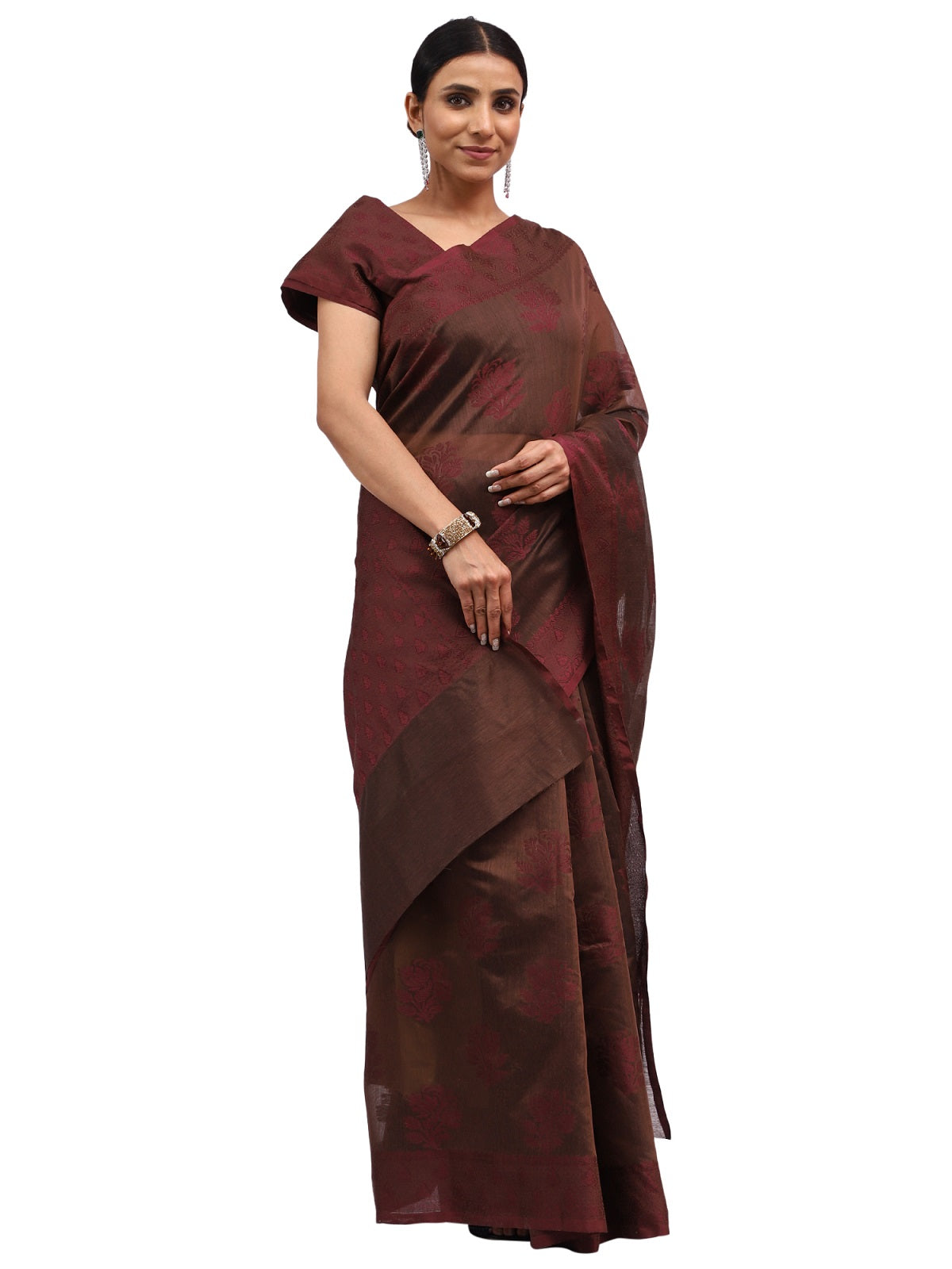 Cotton Silk Banarasi Brown Saree with Jute Work