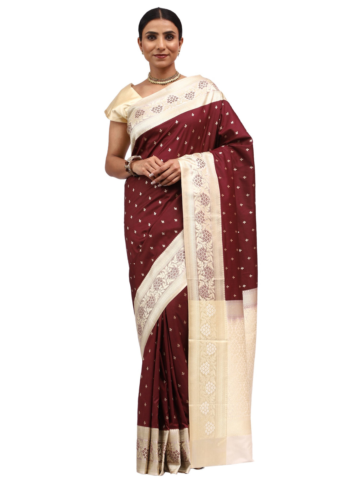 Katan Silk Banarasi Brown Saree with Meenakari Butti Border