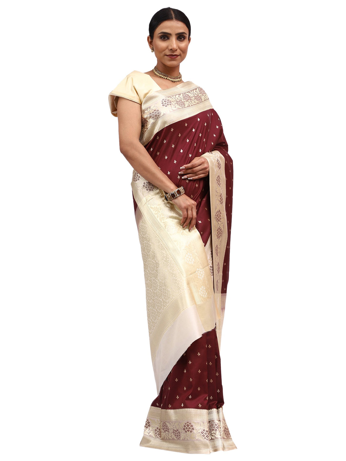 Katan Silk Banarasi Brown Saree with Meenakari Butti Border