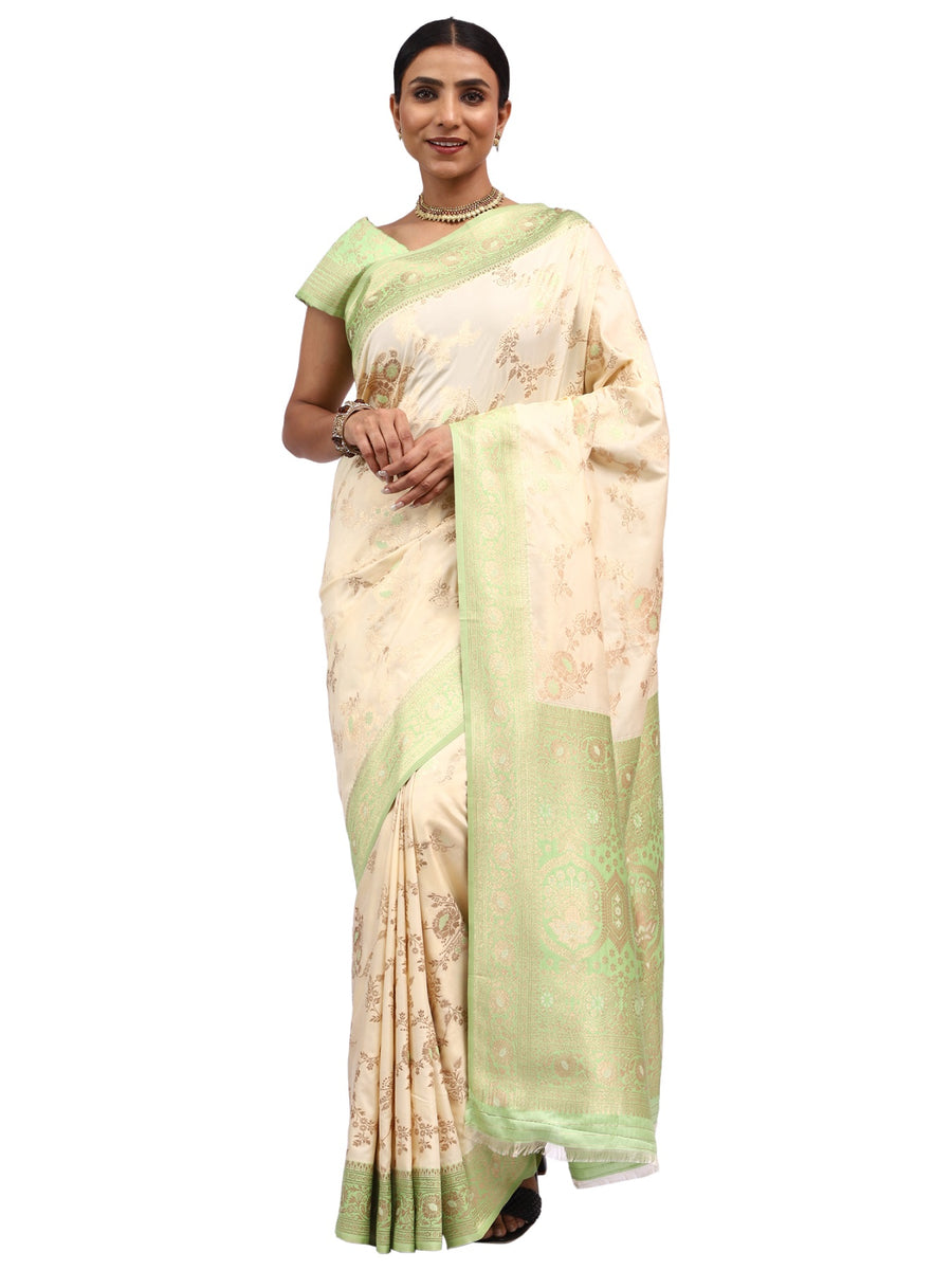 Katan Silk Banarasi Cream Saree with Meenakari Jungla Work.