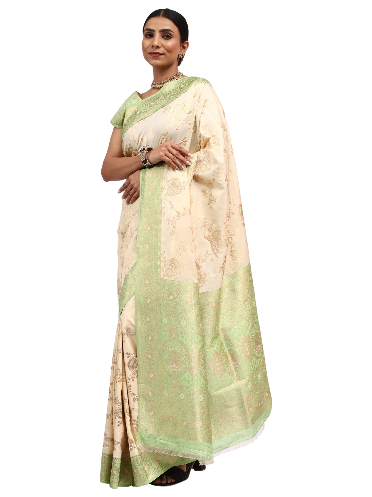 Katan Silk Banarasi Cream Saree with Meenakari Jungla Work.