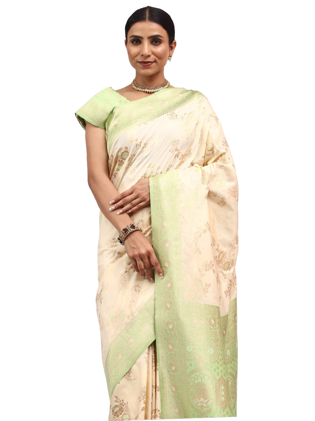 Katan Silk Banarasi Cream Saree with Meenakari Jungla Work.