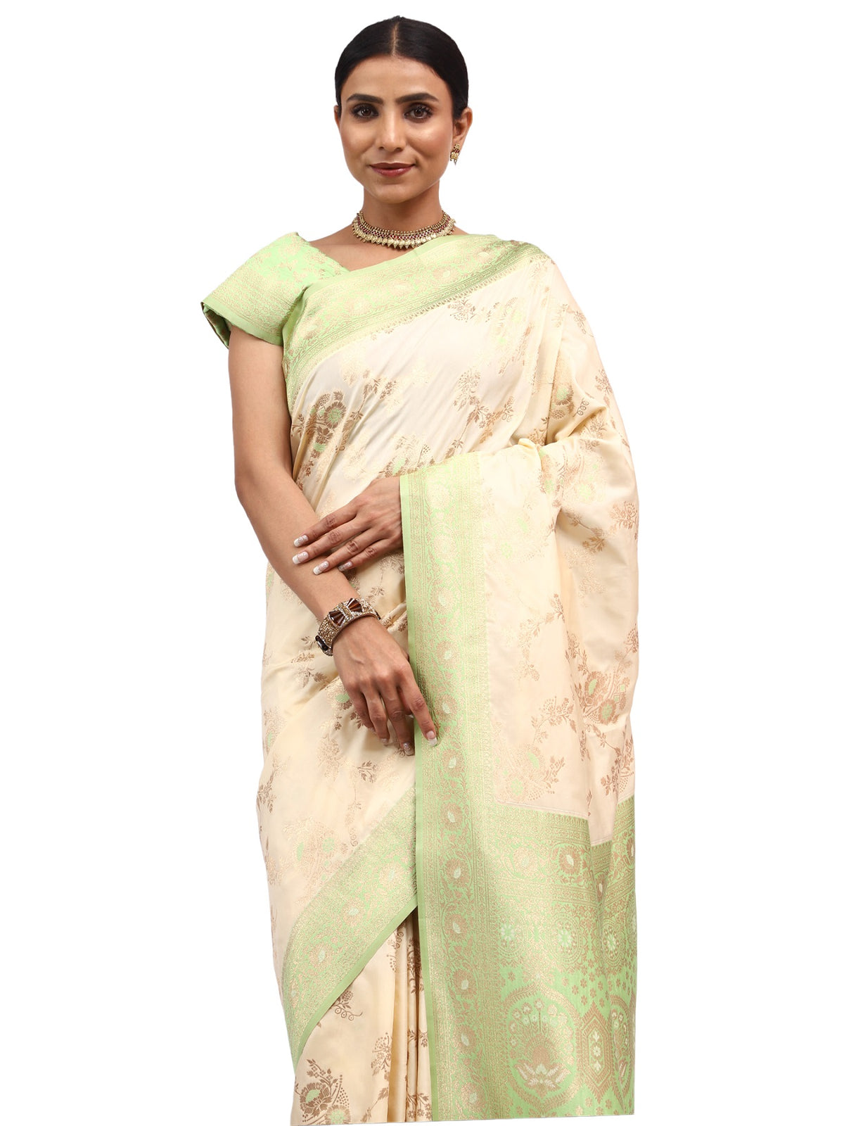 Katan Silk Banarasi Cream Saree with Meenakari Jungla Work.