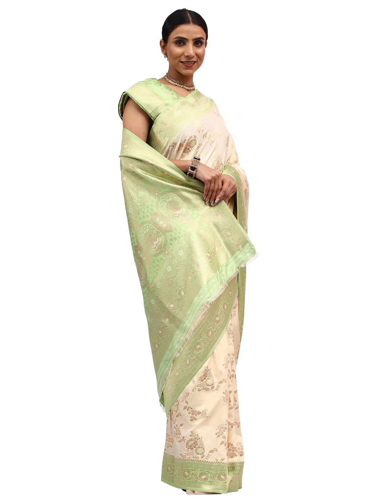 Katan Silk Banarasi Cream Saree with Meenakari Jungla Work.