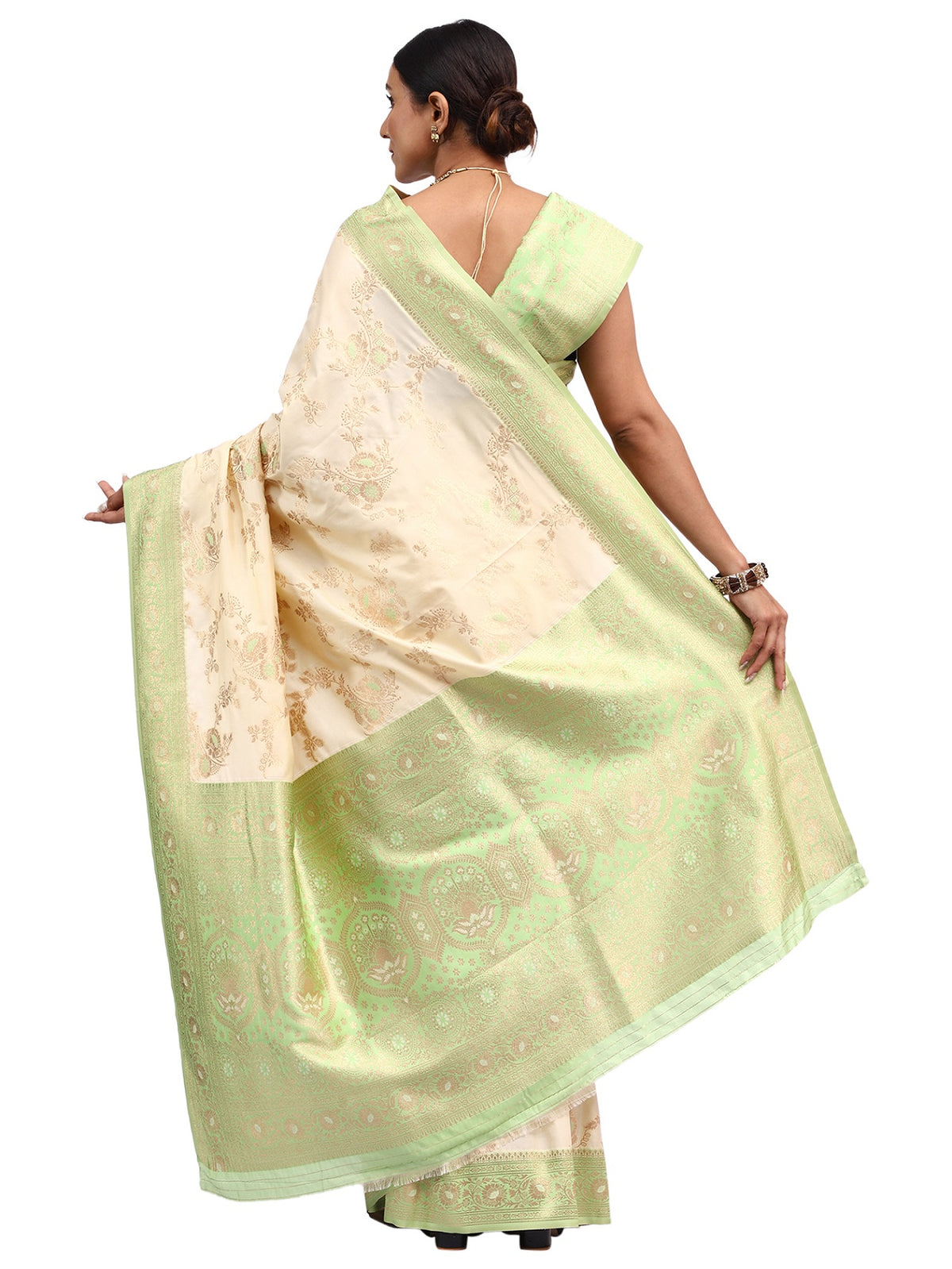 Katan Silk Banarasi Cream Saree with Meenakari Jungla Work.