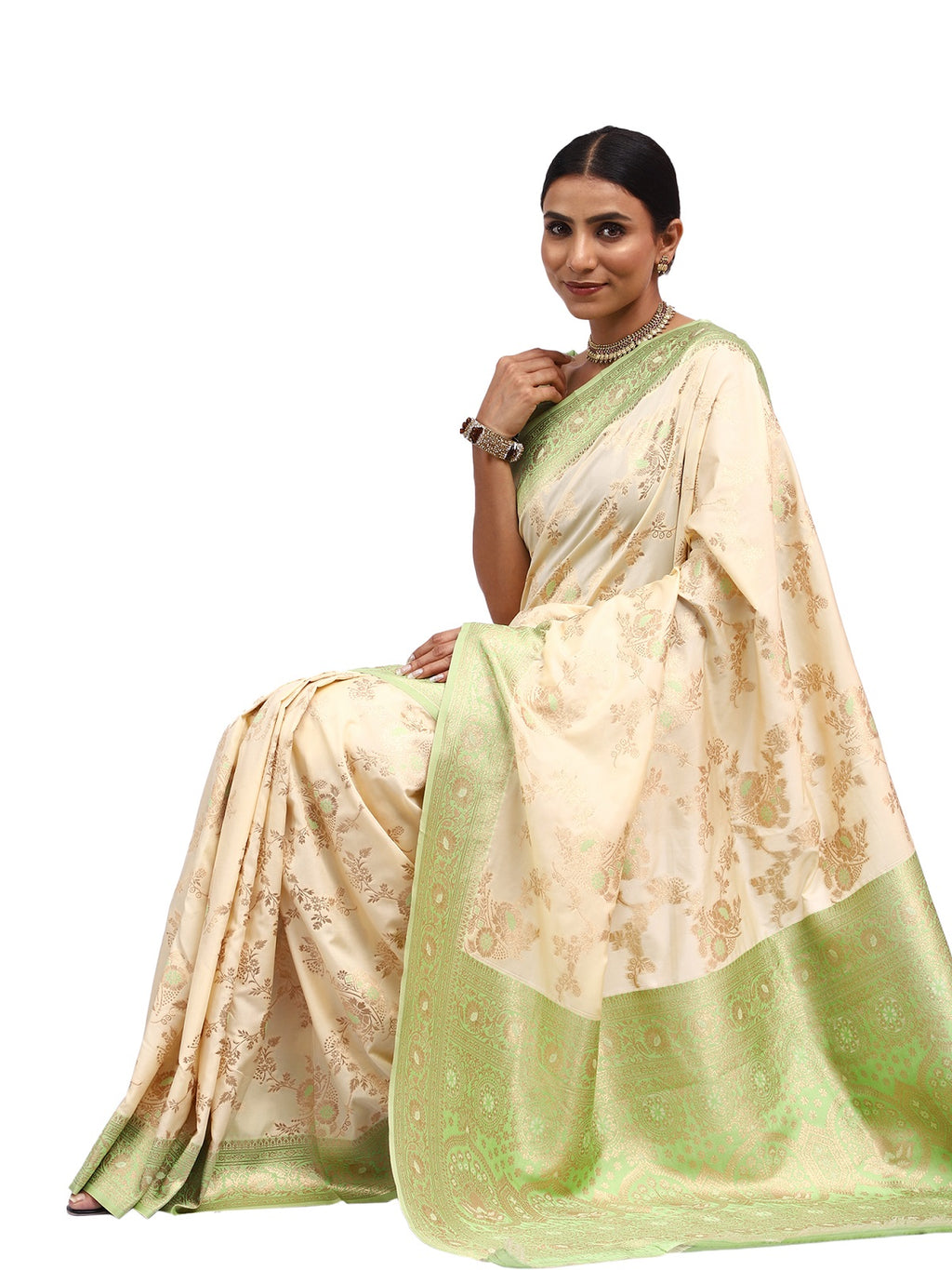 Katan Silk Banarasi Cream Saree with Meenakari Jungla Work.