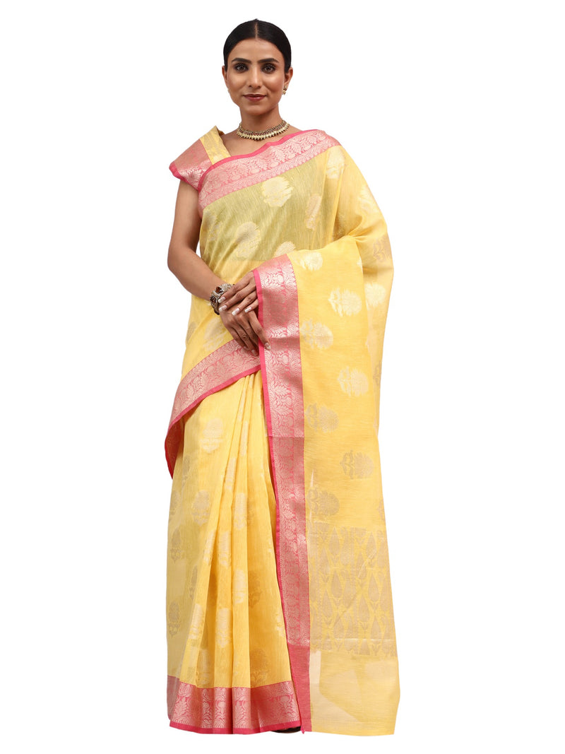 Linen Silk Banarasi Yellow Saree with Zari Butta Work