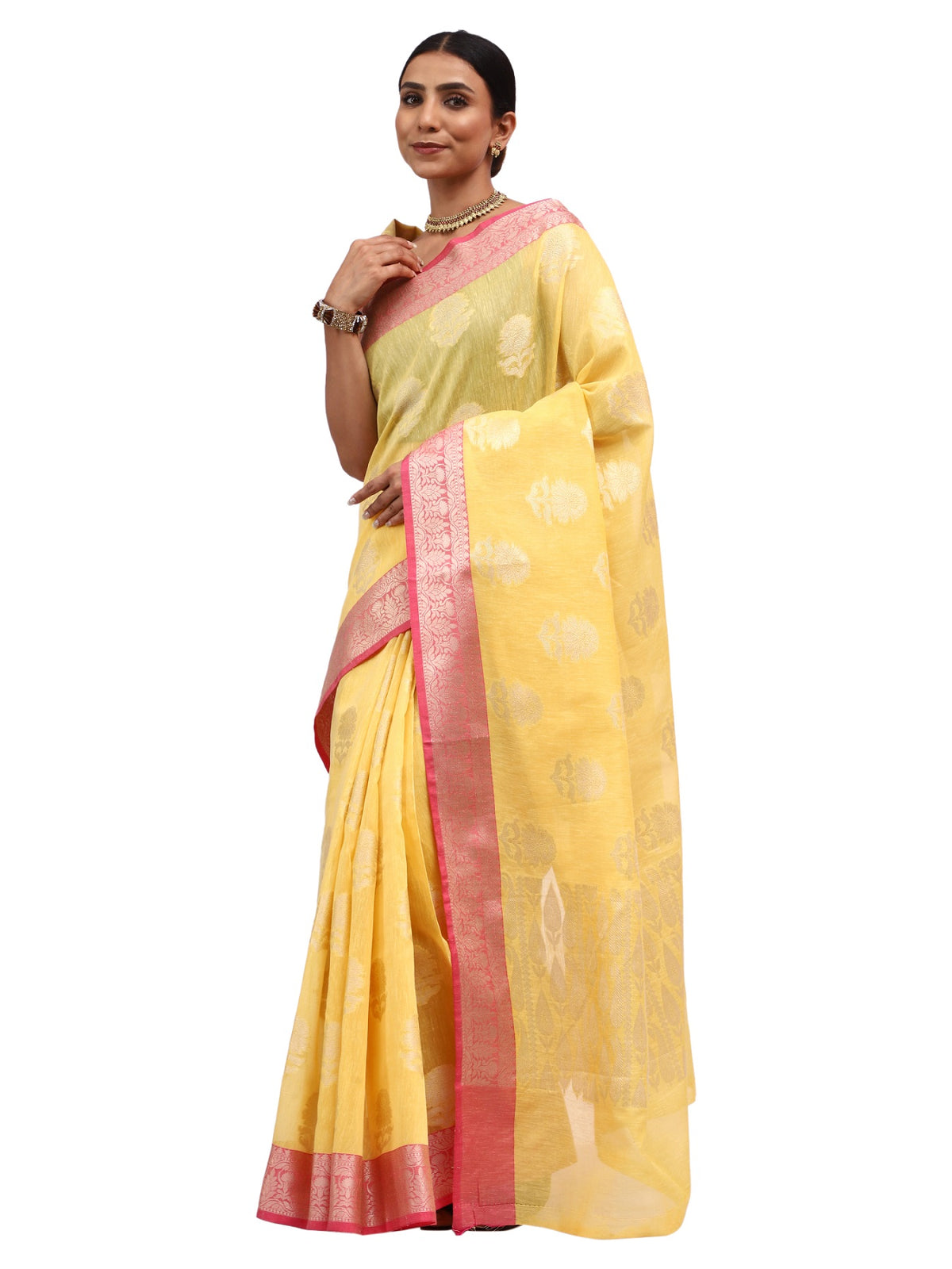 Linen Silk Banarasi Yellow Saree with Zari Butta Work