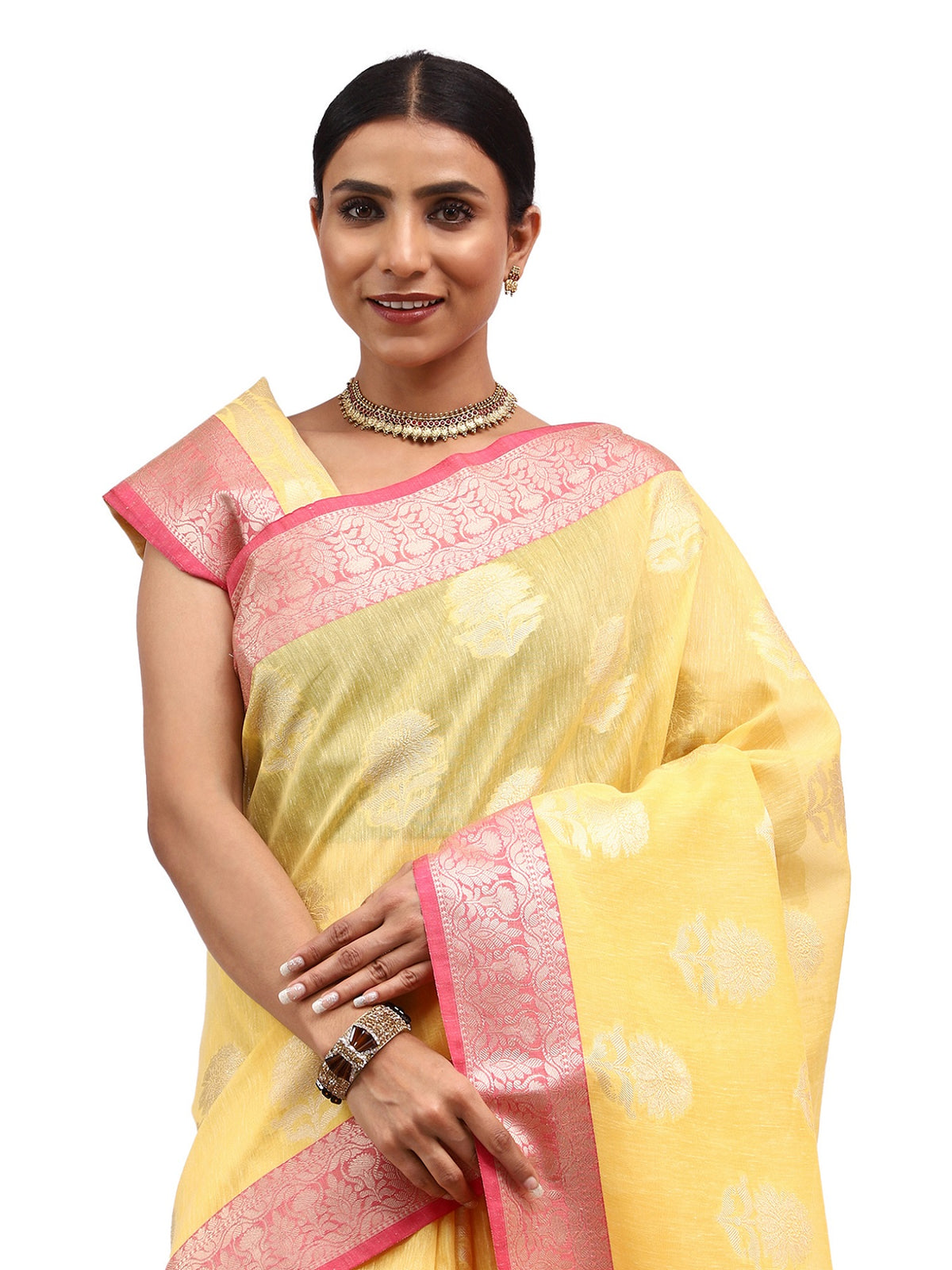 Linen Silk Banarasi Yellow Saree with Zari Butta Work