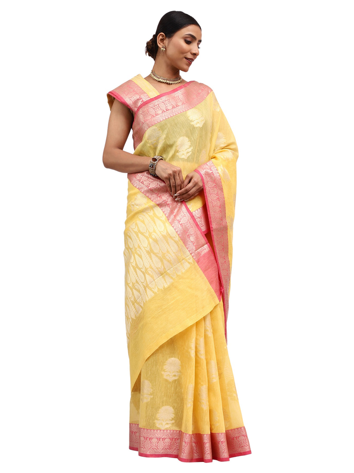 Linen Silk Banarasi Yellow Saree with Zari Butta Work