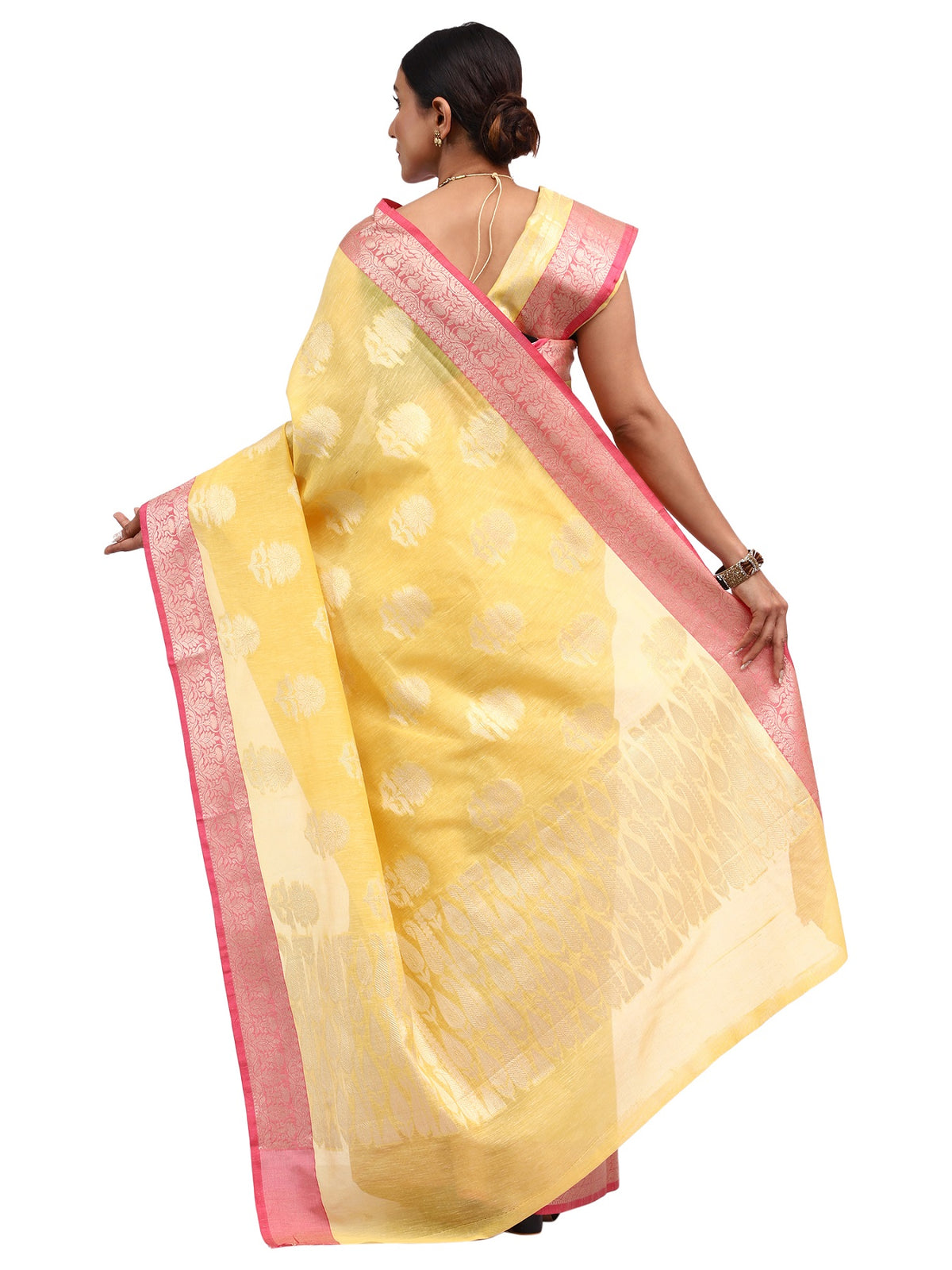 Linen Silk Banarasi Yellow Saree with Zari Butta Work