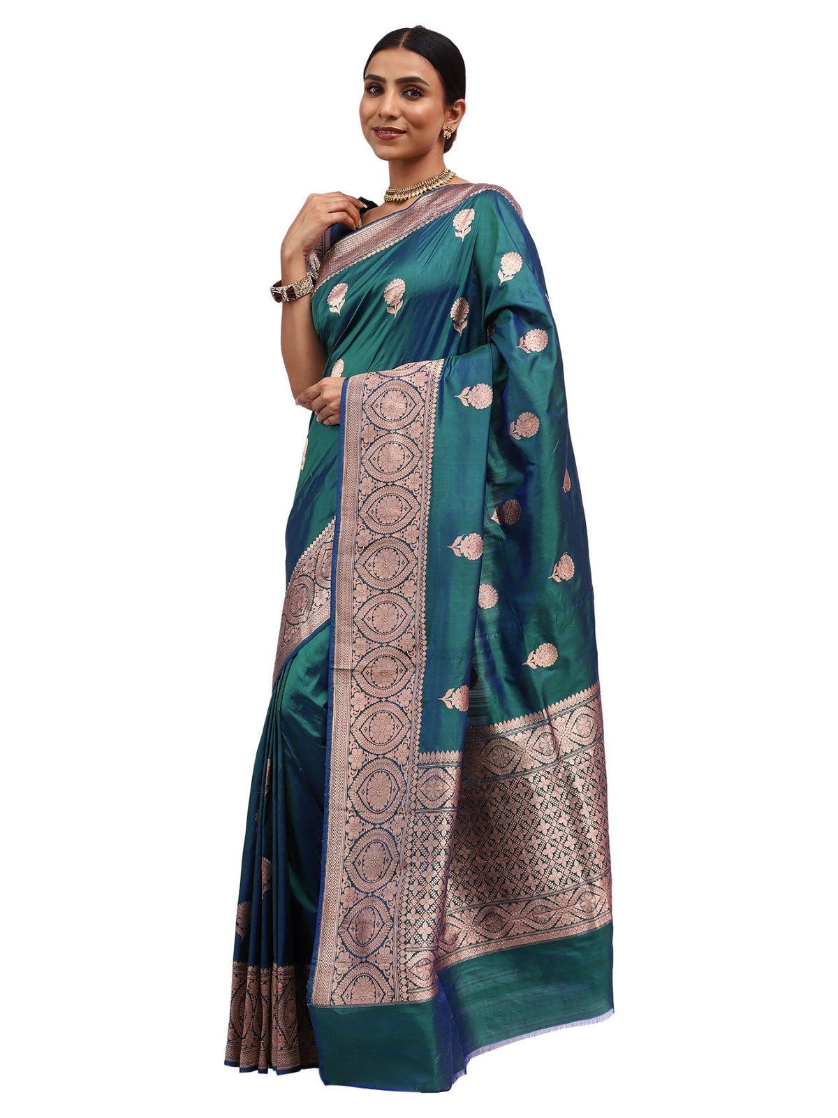 Katan Silk Banarasi Peacock Green Saree with Kaduwa Butta Design