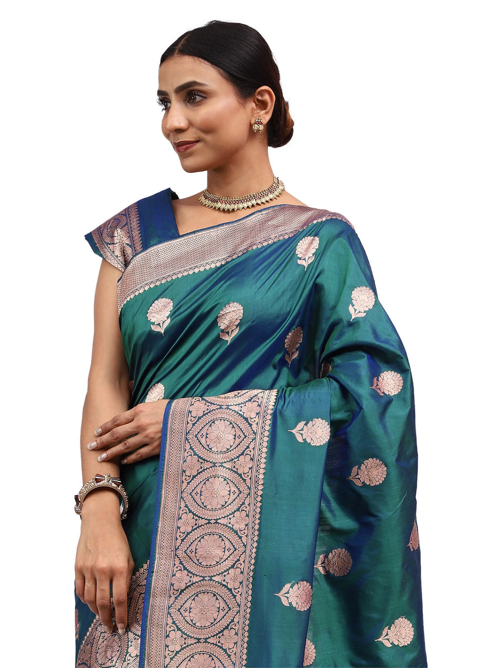 Katan Silk Banarasi Peacock Green Saree with Kaduwa Butta Design