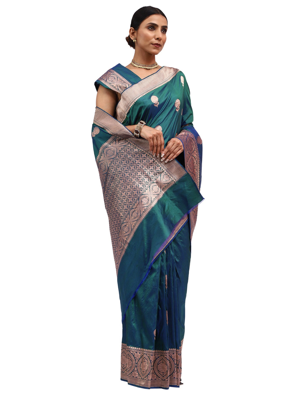 Katan Silk Banarasi Peacock Green Saree with Kaduwa Butta Design