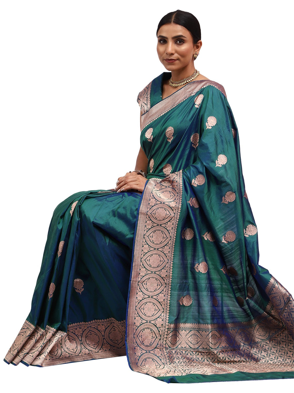 Katan Silk Banarasi Peacock Green Saree with Kaduwa Butta Design