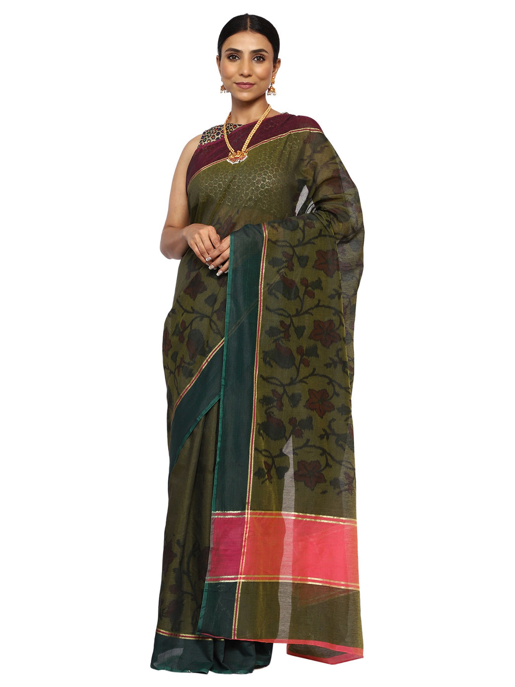 Cotton Silk Banarasi Green Saree with Banarasi Ikkat Pattern