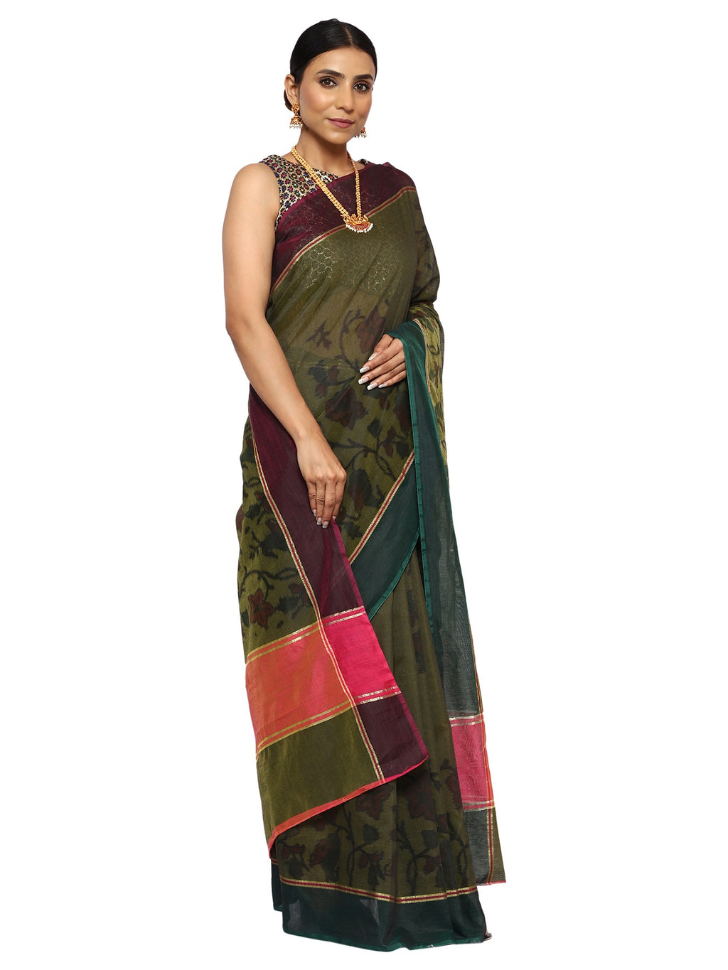 Cotton Silk Banarasi Green Saree with Banarasi Ikkat Pattern