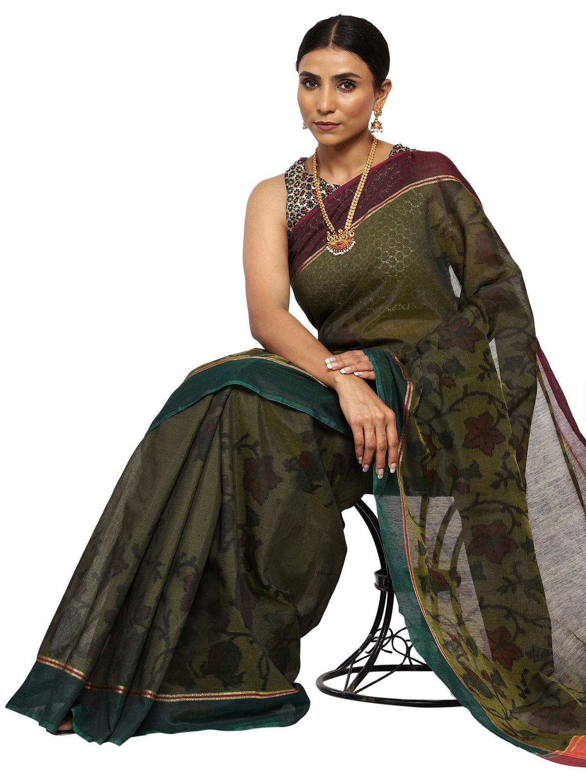 Cotton Silk Banarasi Green Saree with Banarasi Ikkat Pattern