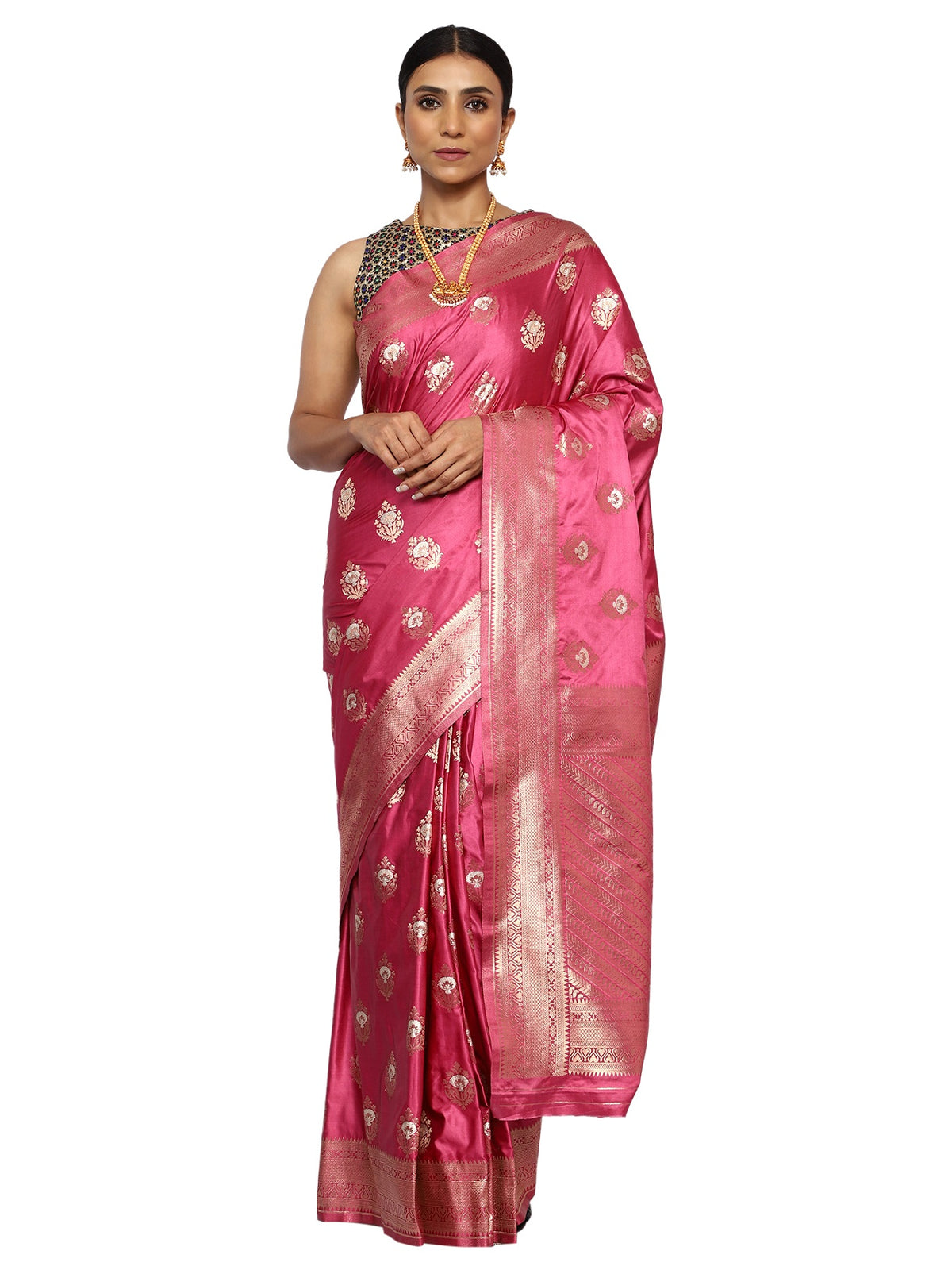 Katan Silk Banarasi Old Rose Pink Saree with Golden Silver Butta