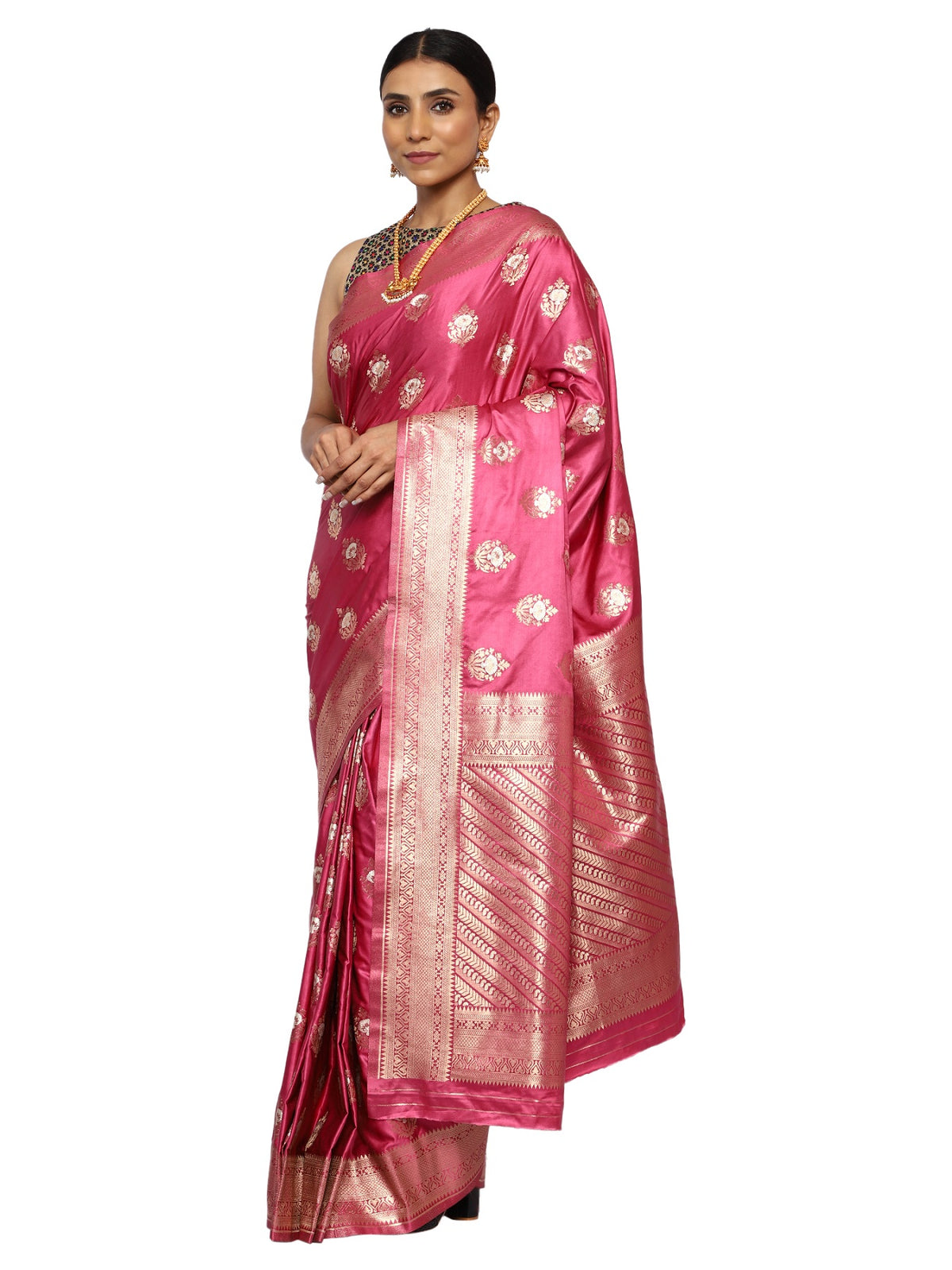 Katan Silk Banarasi Old Rose Pink Saree with Golden Silver Butta