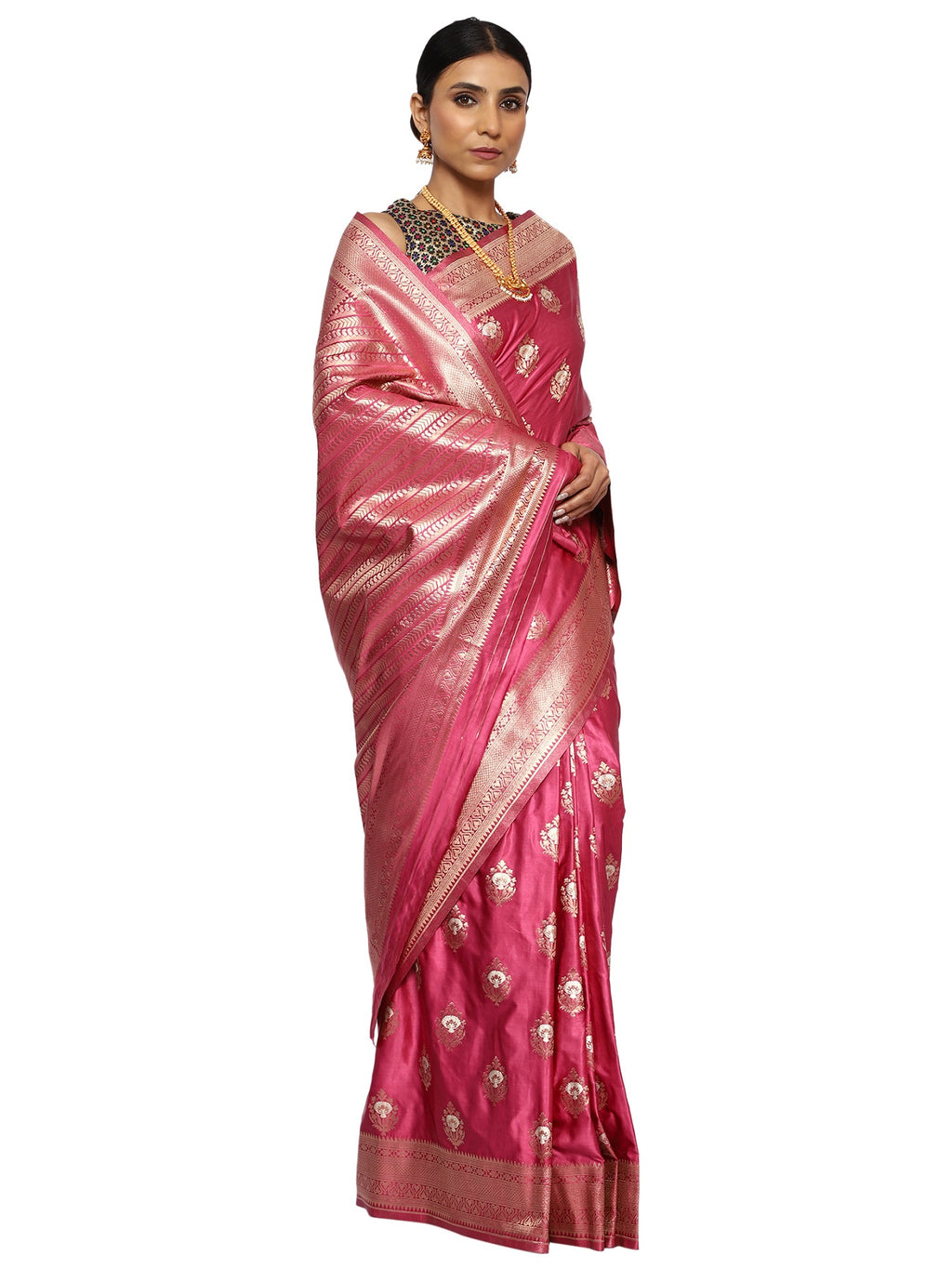 Katan Silk Banarasi Old Rose Pink Saree with Golden Silver Butta