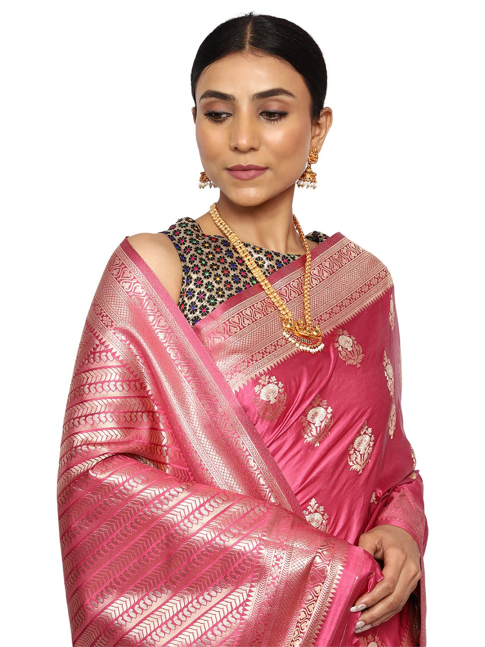 Katan Silk Banarasi Old Rose Pink Saree with Golden Silver Butta