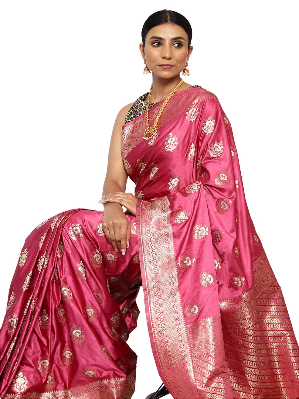 Katan Silk Banarasi Old Rose Pink Saree with Golden Silver Butta