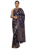 Katan Silk Banarasi Navy Blue Saree with Kalamkari Jungla Handpaint Work