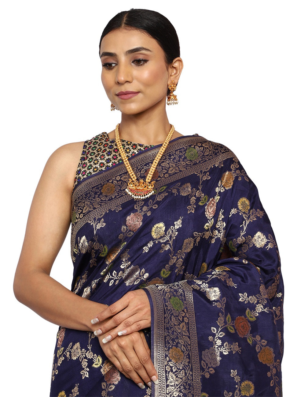 Katan Silk Banarasi Navy Blue Saree with Kalamkari Jungla Handpaint Work