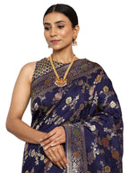 Katan Silk Banarasi Navy Blue Saree with Kalamkari Jungla Handpaint Work