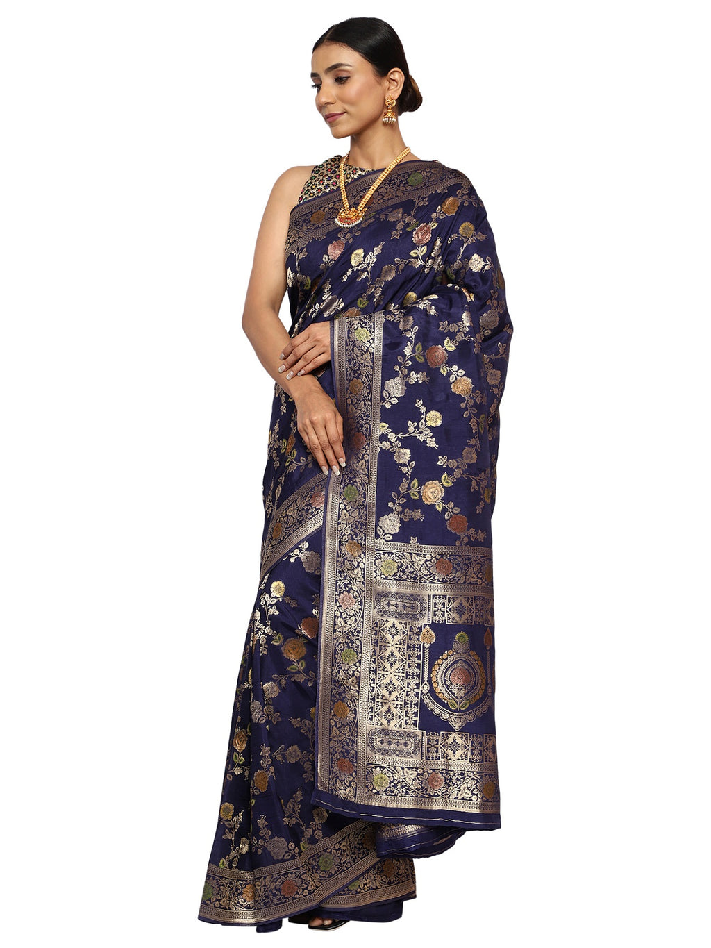 Katan Silk Banarasi Navy Blue Saree with Kalamkari Jungla Handpaint Work