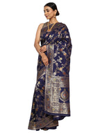 Katan Silk Banarasi Navy Blue Saree with Kalamkari Jungla Handpaint Work