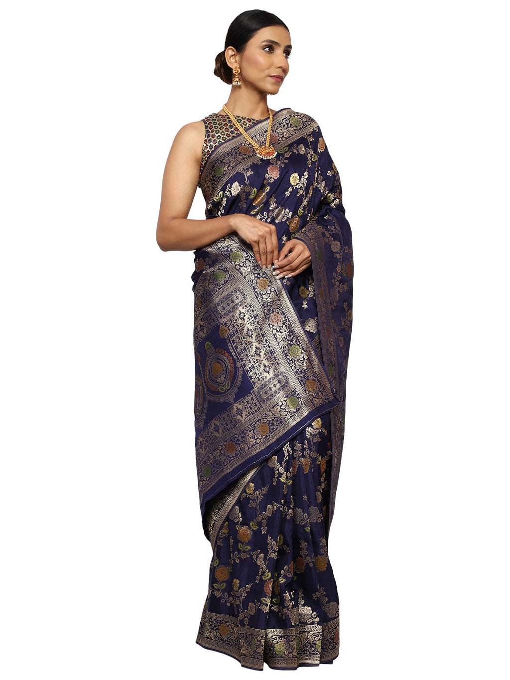 Katan Silk Banarasi Navy Blue Saree with Kalamkari Jungla Handpaint Work