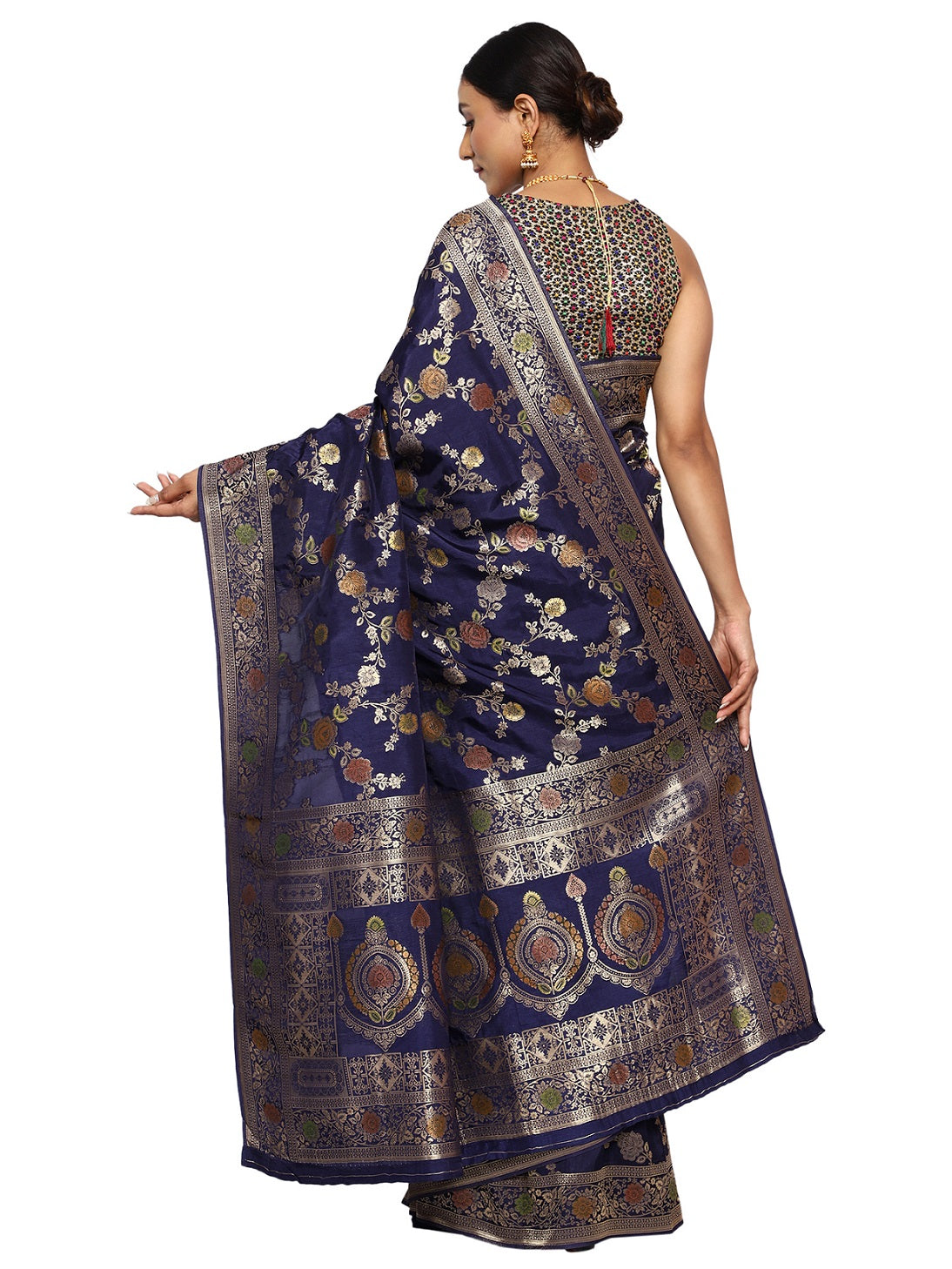 Katan Silk Banarasi Navy Blue Saree with Kalamkari Jungla Handpaint Work