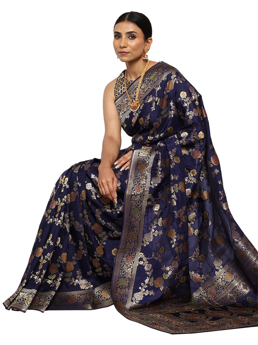 Katan Silk Banarasi Navy Blue Saree with Kalamkari Jungla Handpaint Work