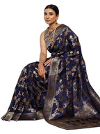Katan Silk Banarasi Navy Blue Saree with Kalamkari Jungla Handpaint Work