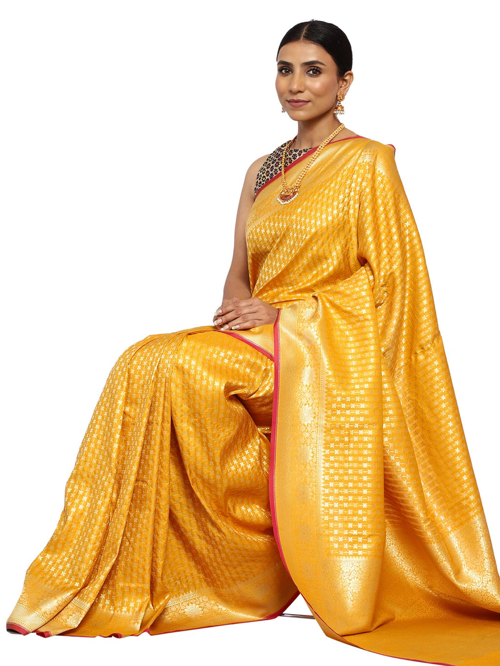 Katan Silk Banarasi Mustard Saree with Golden Zari Work