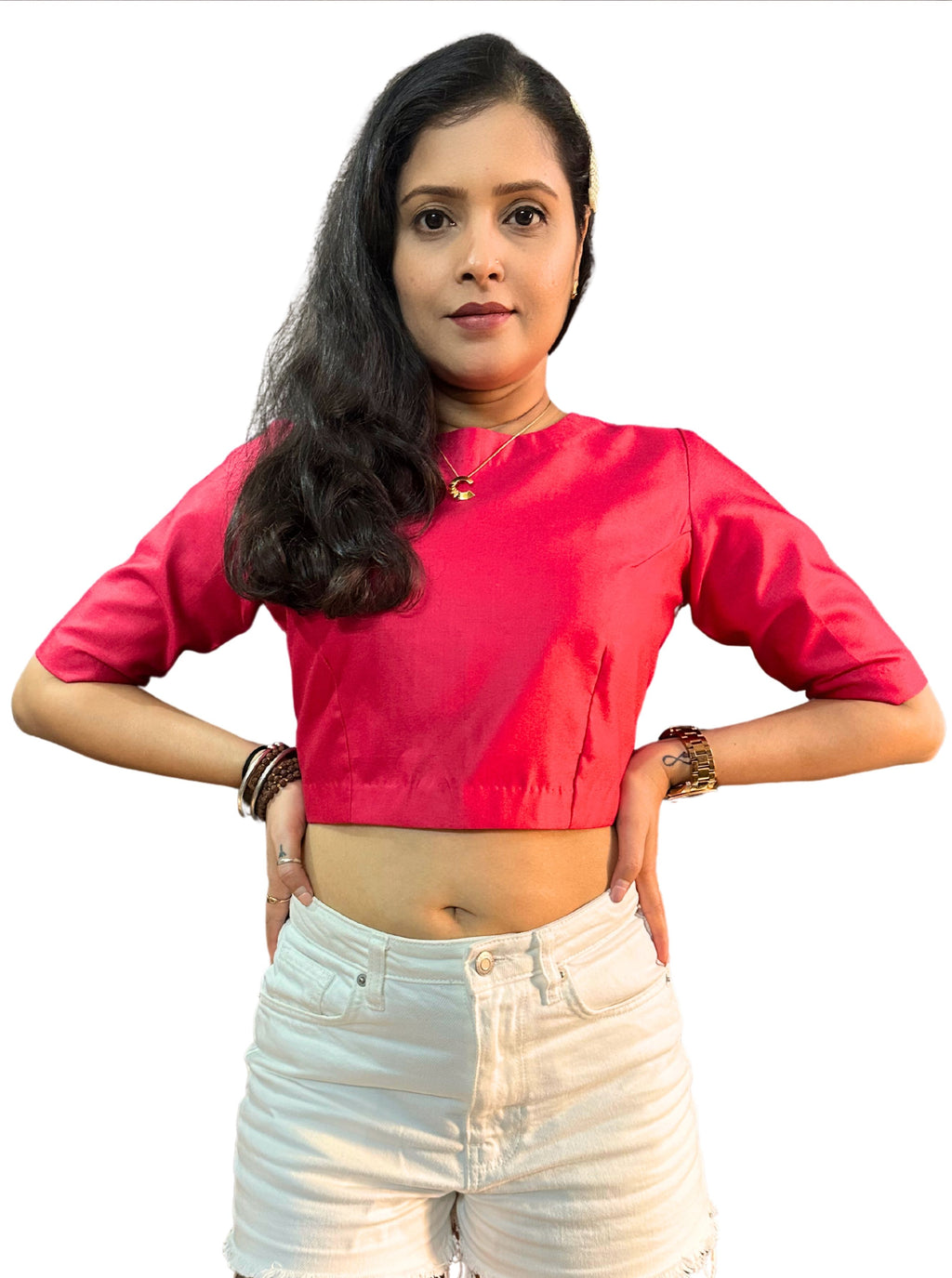 Round Neck Dark Tomato Red Cotton Tussar Silk Blouse with Back Wooden Buttons