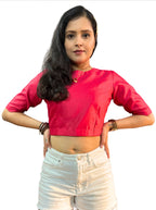 Round Neck Dark Tomato Red Cotton Tussar Silk Blouse with Back Wooden Buttons