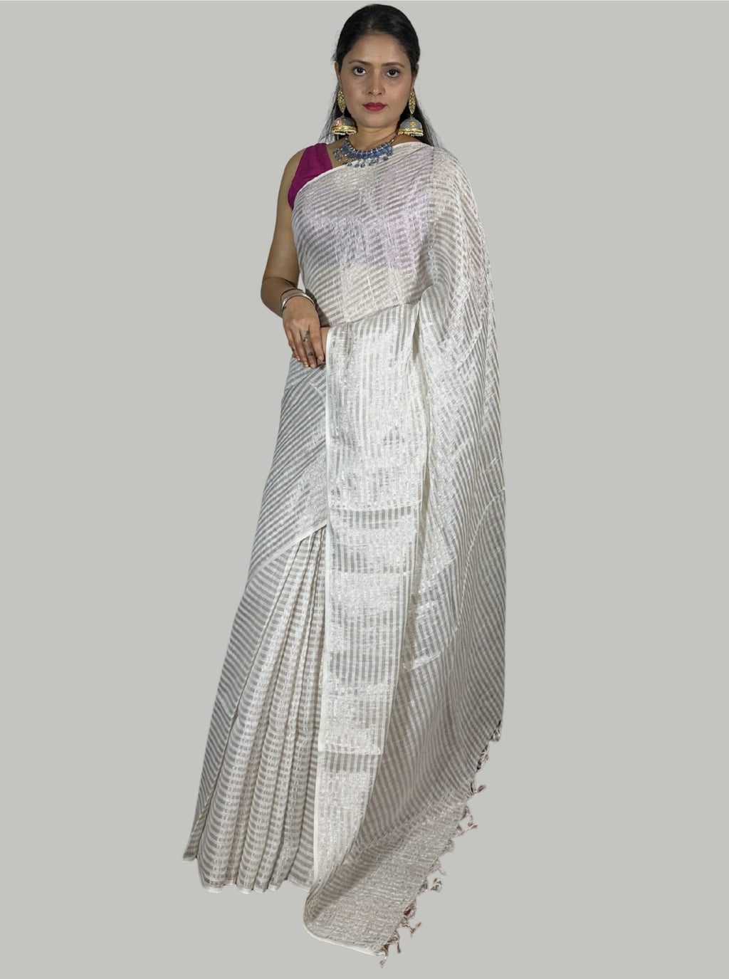 silver and white stripes handloom tissue linen saree with attached blouse
