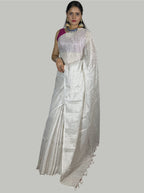 silver and white stripes handloom tissue linen saree with attached blouse