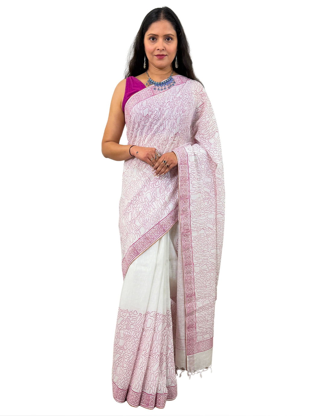 Handloom Cotton Linen White Hand Block Printed Saree with Blouse
