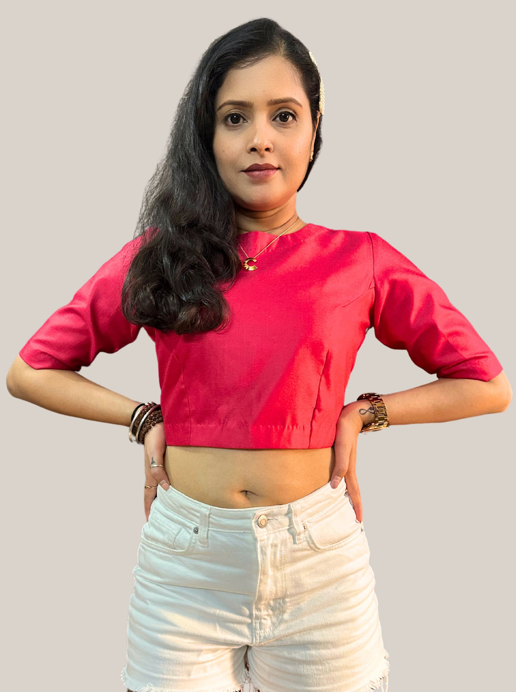 Round Neck Dark Tomato Red Cotton Tussar Silk Blouse with Back Wooden Buttons